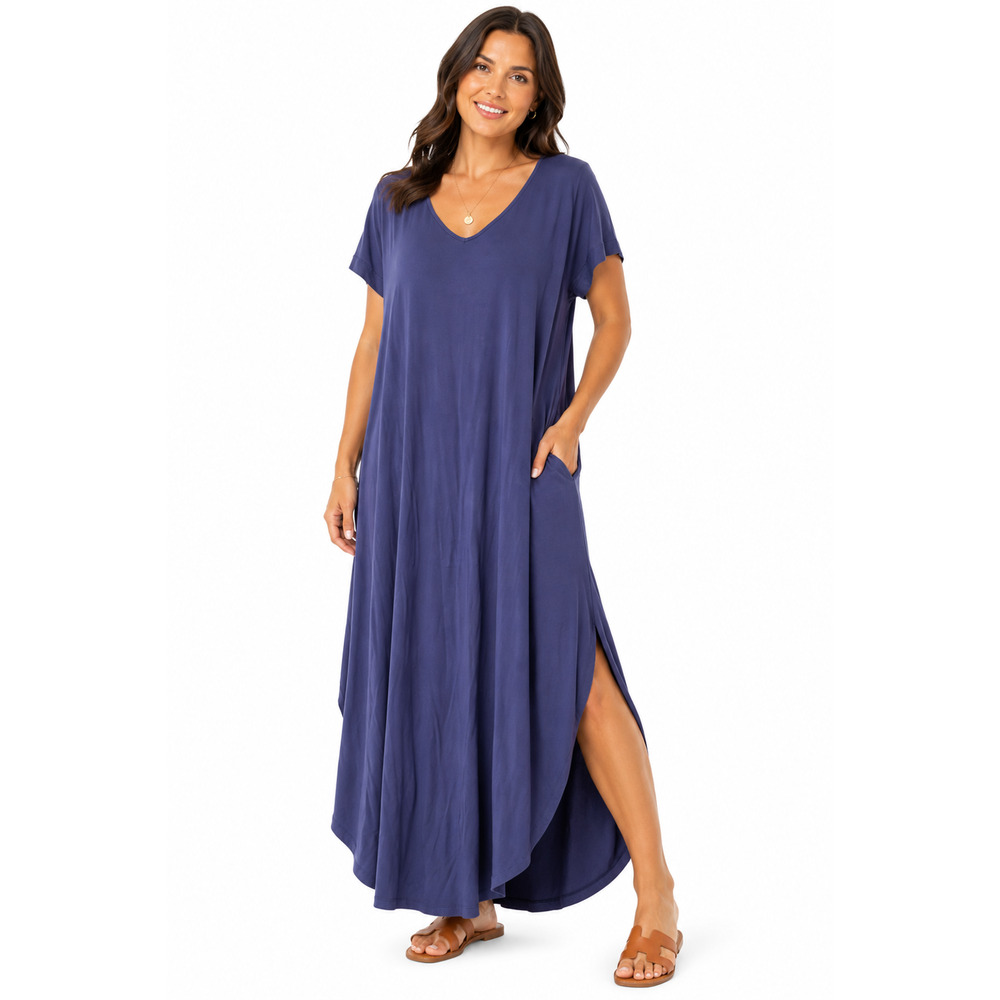 Grecerelle Violet V-Neck Lagenlook Jersey Knit Rayon Stretch Maxi Dress sz L